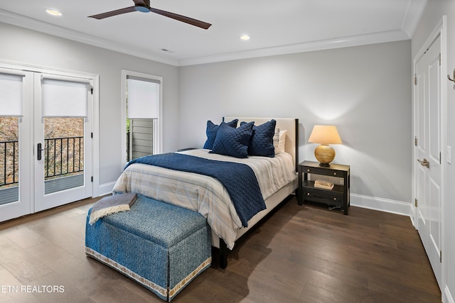 bedroom featuring dark wood-type flooring, access to outside, ornamental molding, and ceiling fan