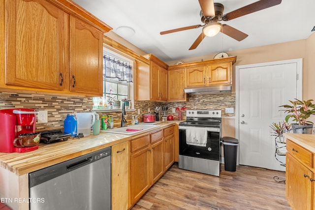 kitchen with light hardwood / wood-style flooring, sink, ceiling fan, backsplash, and appliances with stainless steel finishes