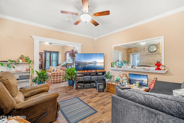 living room with hardwood / wood-style flooring, ceiling fan, and crown molding