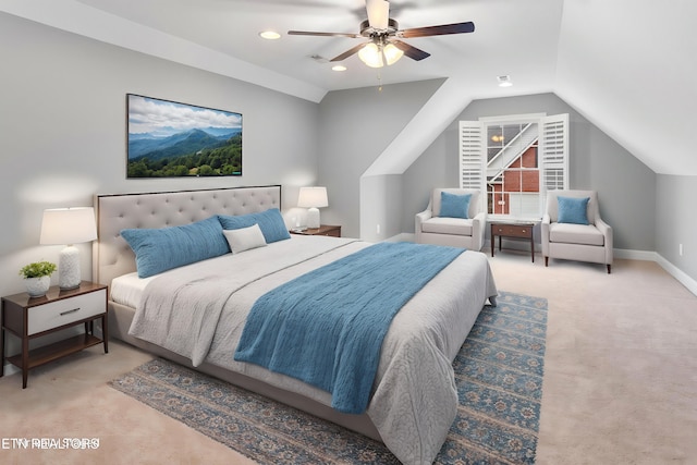 carpeted bedroom with a ceiling fan, lofted ceiling, baseboards, visible vents, and recessed lighting