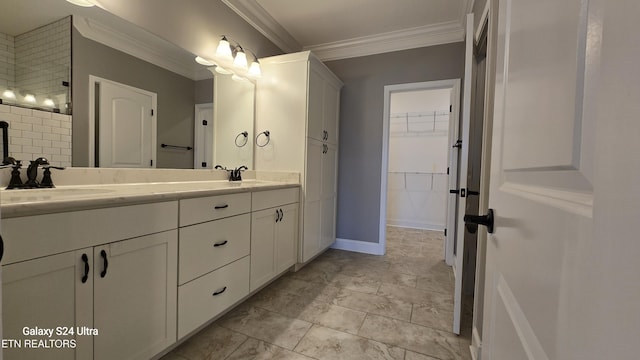 full bathroom featuring double vanity, ornamental molding, a sink, and decorative backsplash