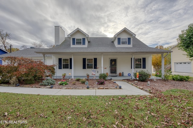 view of front of property with a porch, a front lawn, and a garage