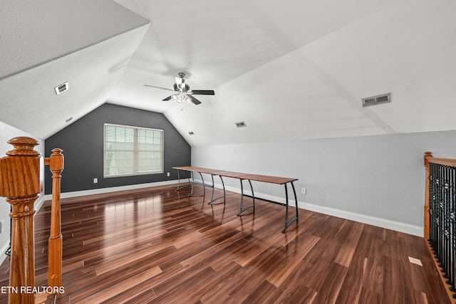 bonus room featuring visible vents, wood finished floors, a ceiling fan, and lofted ceiling