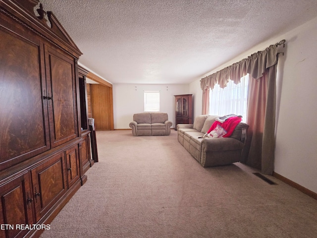 carpeted living room featuring a textured ceiling