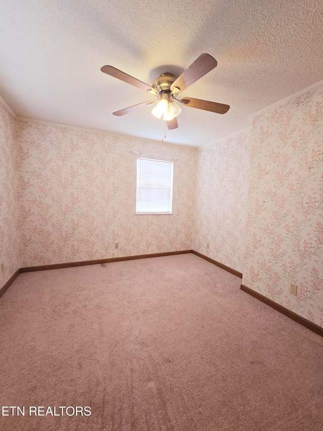 carpeted empty room featuring a textured ceiling and ceiling fan