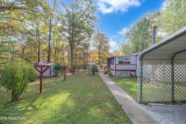 view of yard featuring a shed