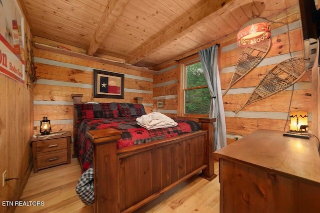 bedroom featuring light wood-type flooring, wooden walls, wood ceiling, and beam ceiling