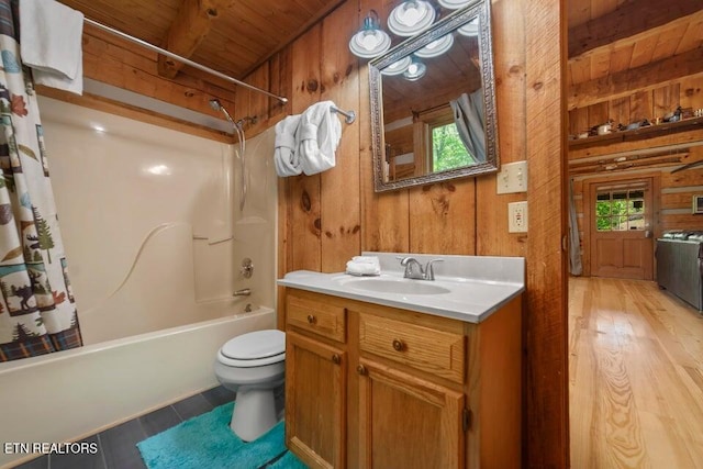 full bathroom with wood walls, wood ceiling, and plenty of natural light