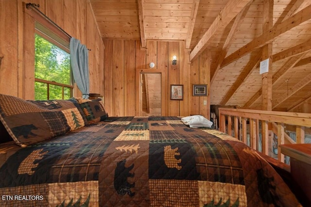 bedroom with vaulted ceiling with beams, wooden walls, and wood ceiling