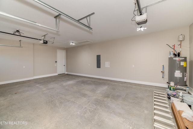 garage with a garage door opener, electric water heater, and electric panel