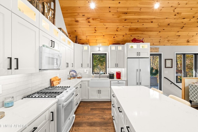 kitchen featuring white cabinetry, dark hardwood / wood-style floors, sink, white appliances, and wooden ceiling