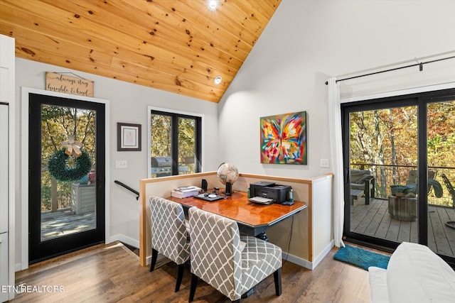 dining room featuring high vaulted ceiling, hardwood / wood-style flooring, and wood ceiling