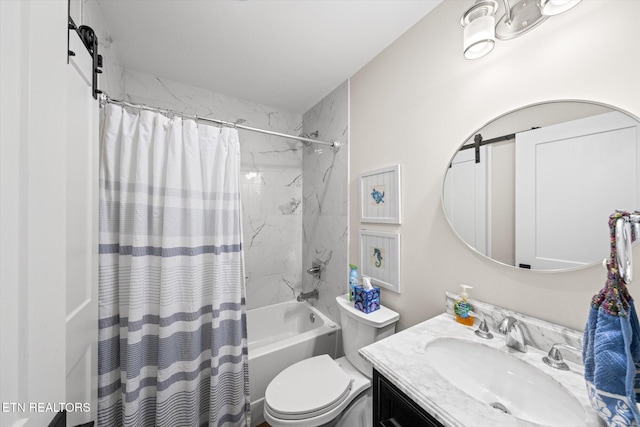 full bathroom with vanity, toilet, and shower / bathtub combination with curtain