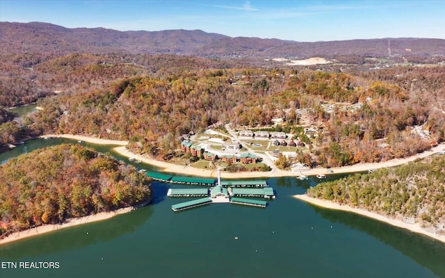 aerial view featuring a water and mountain view