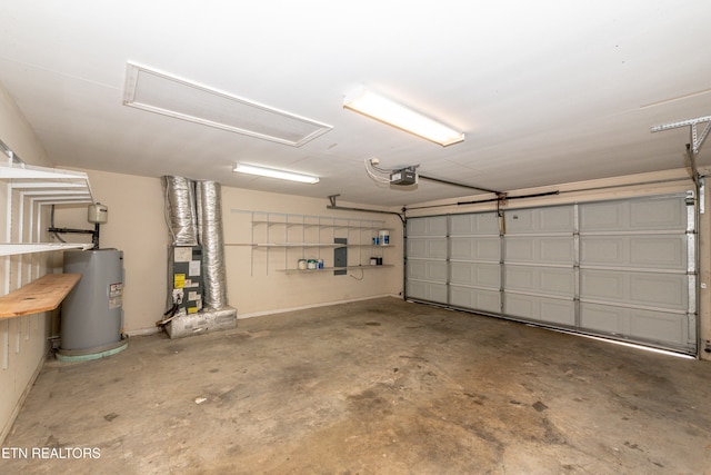 garage with a garage door opener and water heater