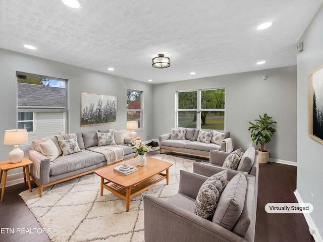 living room with hardwood / wood-style floors and a textured ceiling