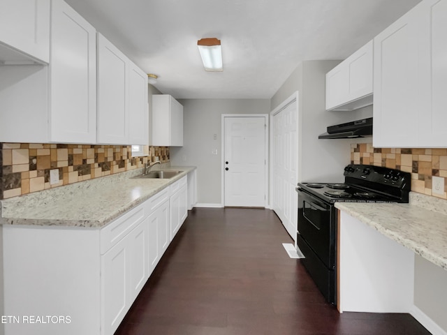 kitchen with white cabinetry, extractor fan, sink, dark hardwood / wood-style floors, and black electric range