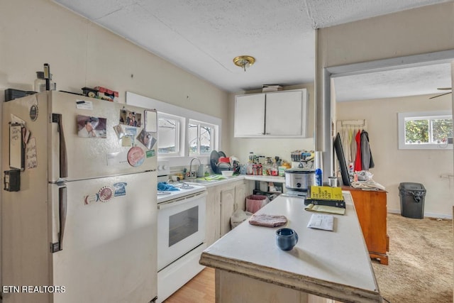 208 Collins St, Loudon, TN 37774 - kitchen featuring white cabinetry, a textured ceiling, sink, white appliances, and light colored carpet