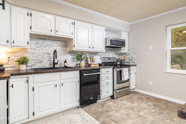 kitchen with crown molding, sink, appliances with stainless steel finishes, tasteful backsplash, and white cabinetry