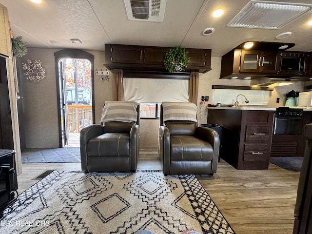 cinema with sink and light hardwood / wood-style floors