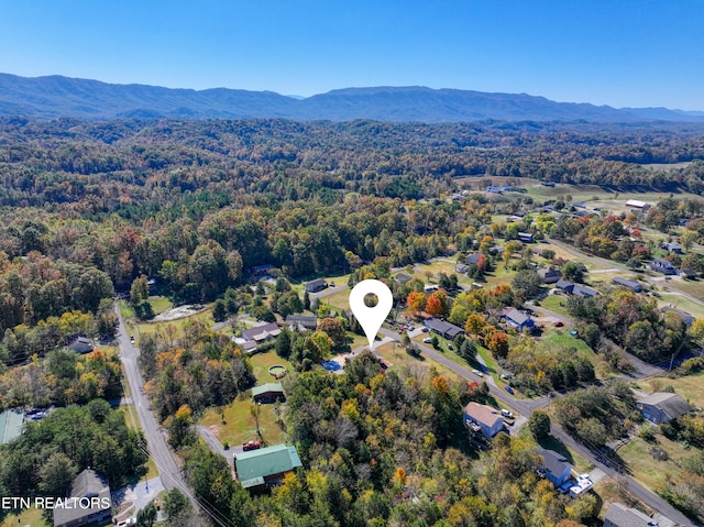 drone / aerial view featuring a mountain view