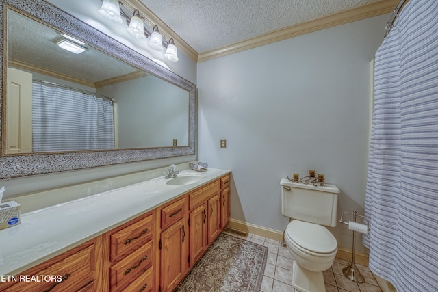 bathroom featuring tile patterned floors, crown molding, vanity, a textured ceiling, and toilet