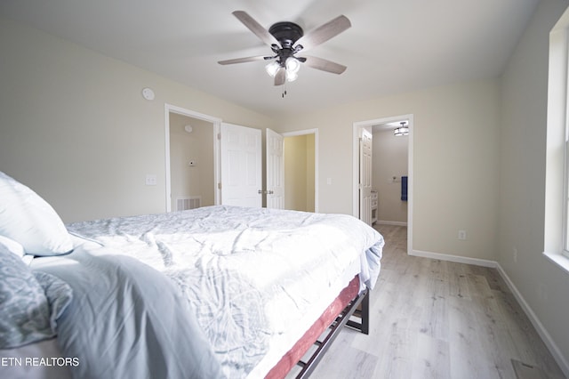 bedroom with ceiling fan and light hardwood / wood-style flooring