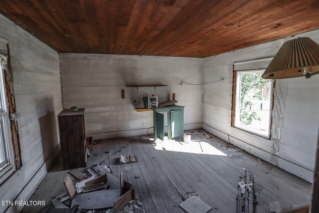 interior space with wood-type flooring and wood ceiling