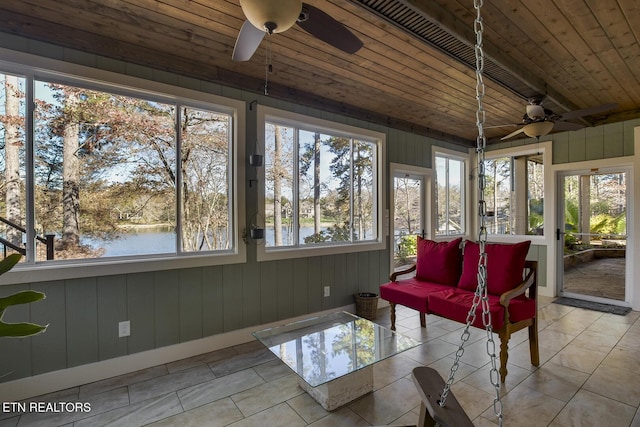 unfurnished sunroom with a wealth of natural light, wood ceiling, and a water view