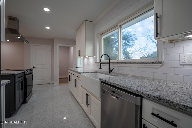 304 Firestone Rd, Oak Ridge, TN 37830 - kitchen with dishwasher, wall chimney range hood, black range with electric cooktop, a sink, and backsplash