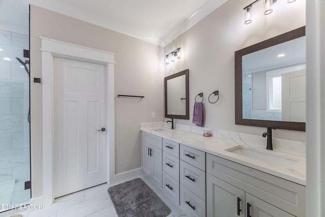 bathroom featuring vanity, ornamental molding, and a shower with shower door