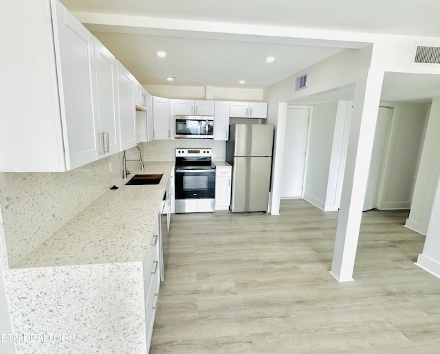5709 Lyons View Pike Unit 4202, Knoxville, TN 37919 - kitchen with stainless steel appliances, a sink, white cabinetry, light wood finished floors, and backsplash