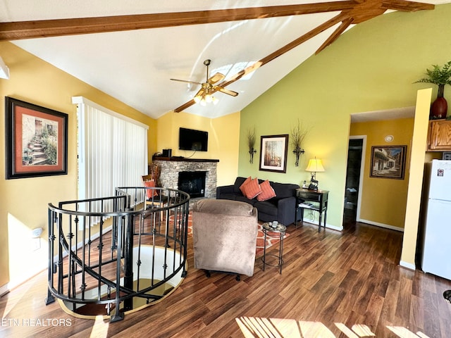 living room with dark hardwood / wood-style flooring, high vaulted ceiling, a stone fireplace, and ceiling fan