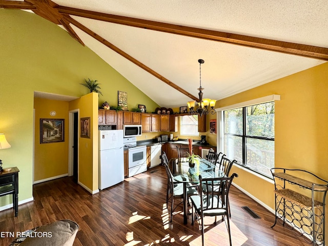 dining room featuring a textured ceiling, dark hardwood / wood-style floors, beam ceiling, high vaulted ceiling, and a chandelier