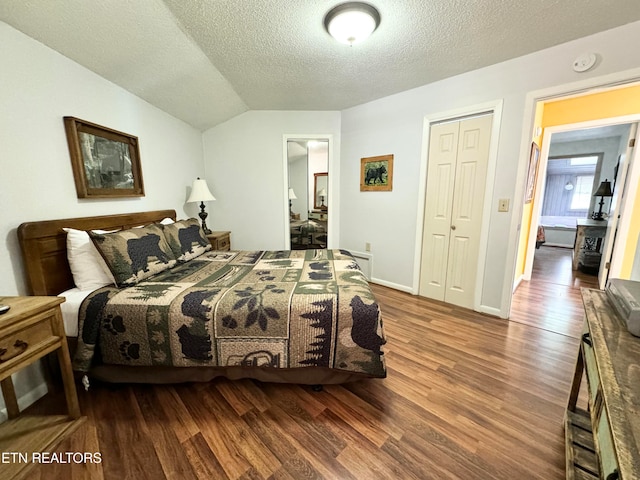 bedroom with wood-type flooring, a textured ceiling, lofted ceiling, and a closet