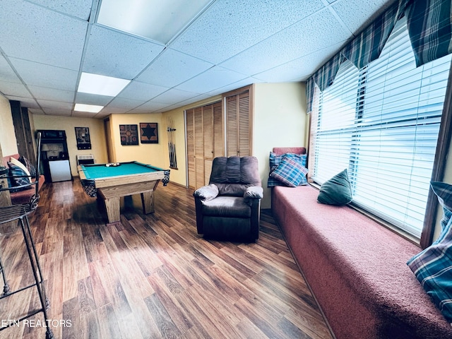 playroom featuring a paneled ceiling, hardwood / wood-style flooring, and pool table