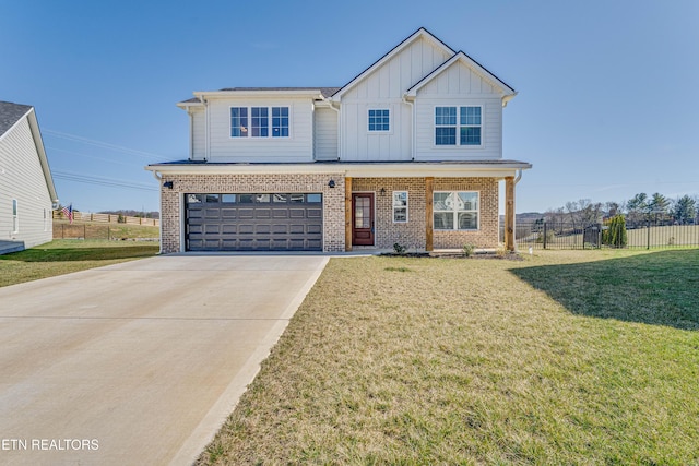 view of front facade featuring board and batten siding, brick siding, fence, and a front lawn