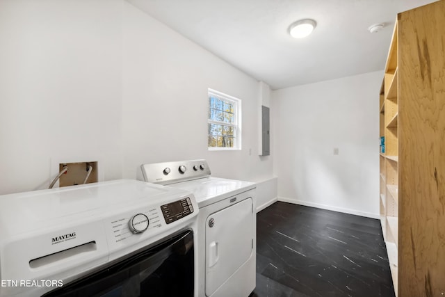 clothes washing area featuring dark hardwood / wood-style flooring, electric panel, and washer and dryer