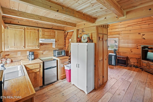 kitchen featuring beamed ceiling, sink, wooden walls, and light hardwood / wood-style flooring