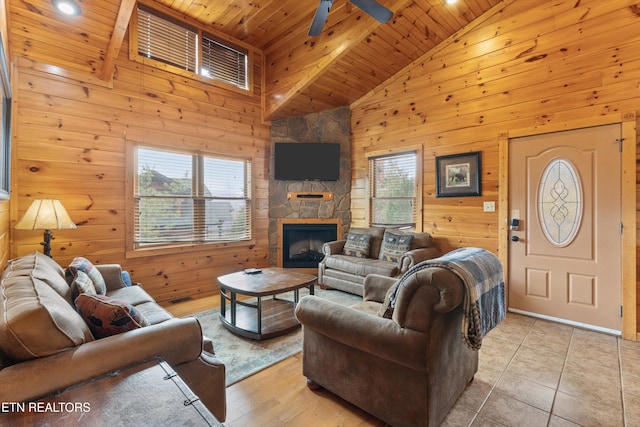 living room featuring high vaulted ceiling, wood walls, wooden ceiling, ceiling fan, and light hardwood / wood-style flooring