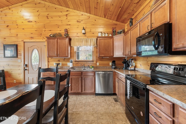 kitchen featuring wood ceiling, wooden walls, black appliances, and high vaulted ceiling