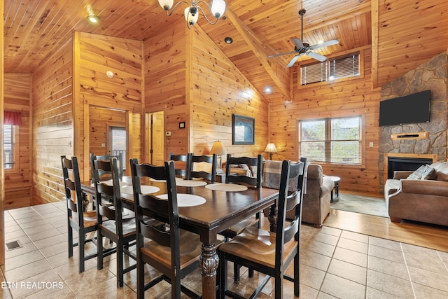 tiled dining space featuring wooden ceiling, a stone fireplace, wooden walls, and high vaulted ceiling