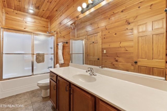 full bathroom featuring wooden ceiling, enclosed tub / shower combo, vanity, tile patterned floors, and toilet