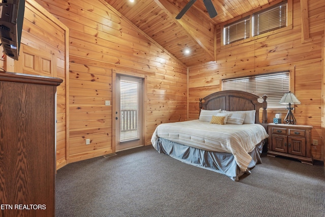 bedroom featuring dark carpet, access to exterior, wood walls, wood ceiling, and ceiling fan