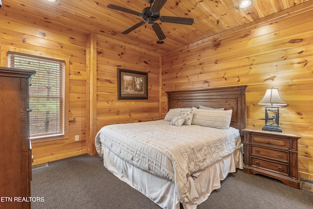 bedroom with wooden walls, ceiling fan, wooden ceiling, and dark carpet