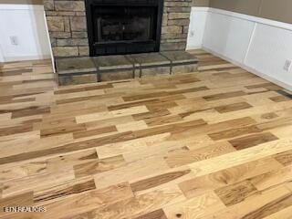 details with a fireplace and wood-type flooring