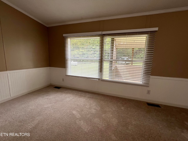 empty room with carpet floors and ornamental molding