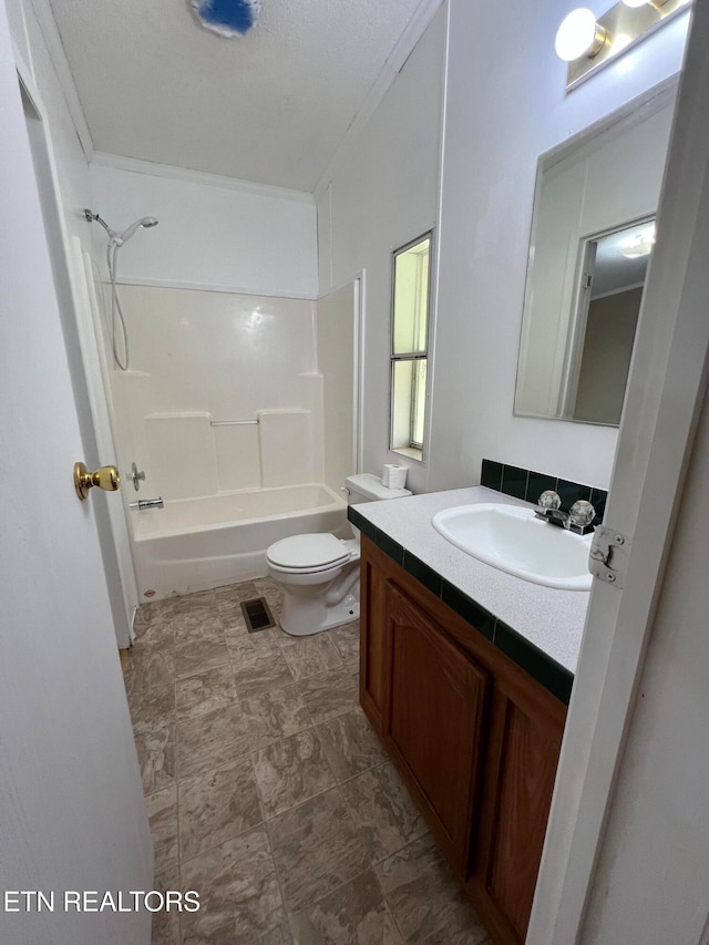 full bathroom with vanity, toilet, and bathtub / shower combination