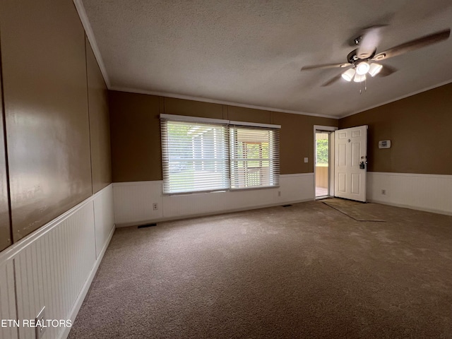 empty room featuring a textured ceiling, carpet floors, ceiling fan, and a healthy amount of sunlight