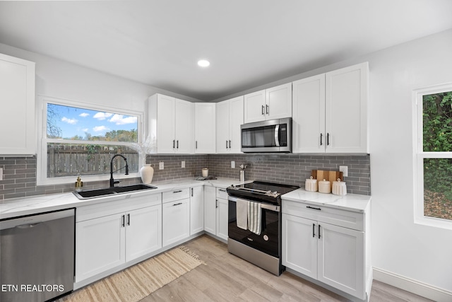 kitchen with white cabinets, light hardwood / wood-style flooring, sink, backsplash, and appliances with stainless steel finishes